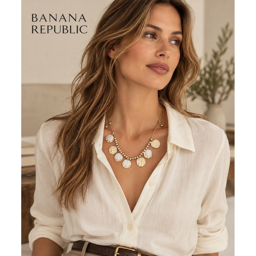 Banana Republic Factory Gold Silver Hammered Disc Bib Statement Necklace NWT